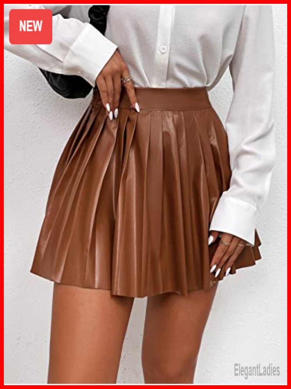 Faux Leather High Waisted Pleated Skater Mini Skirt - Picture 3 of 6